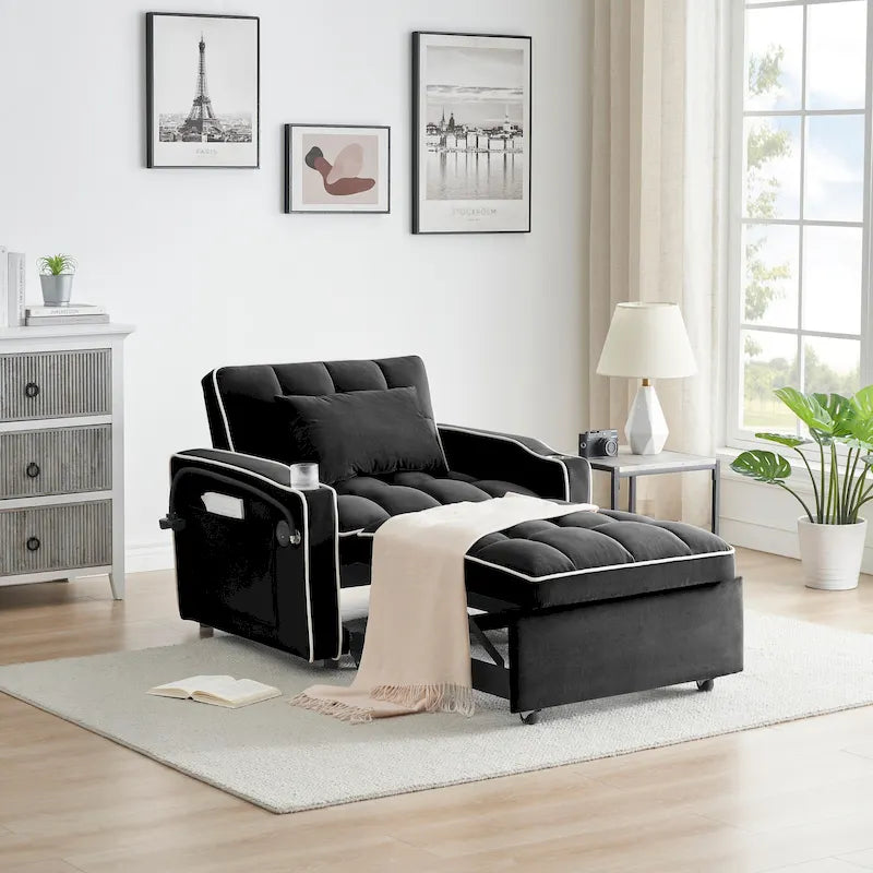 Canapé-lit pliable, canapé moderne en velours convertible, dossier réglable avec port USB, cendrier et support de téléphone pivotant