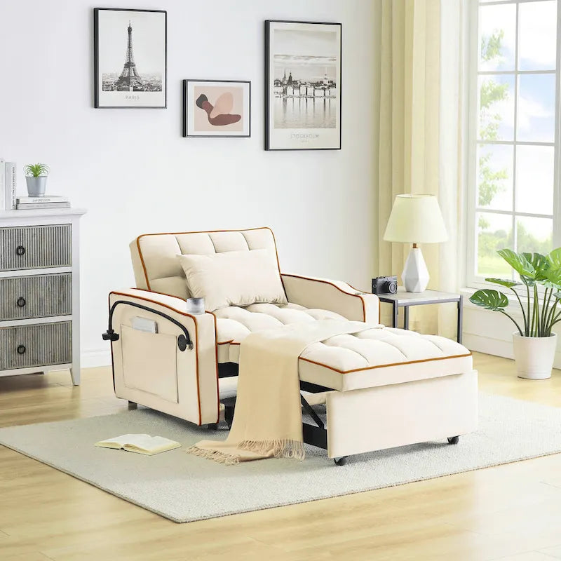 Canapé-lit pliable, canapé moderne en velours convertible, dossier réglable avec port USB, cendrier et support de téléphone pivotant