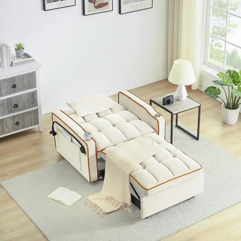 Canapé-lit pliable, canapé moderne en velours convertible, dossier réglable avec port USB, cendrier et support de téléphone pivotant