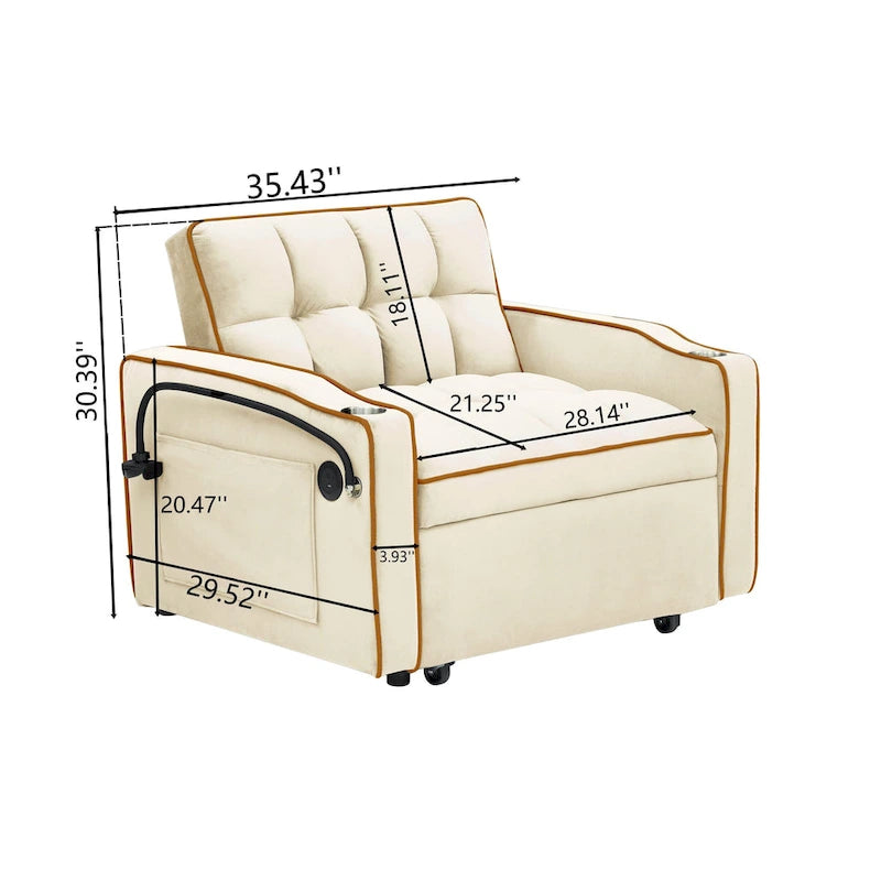Canapé-lit pliable, canapé moderne en velours convertible, dossier réglable avec port USB, cendrier et support de téléphone pivotant