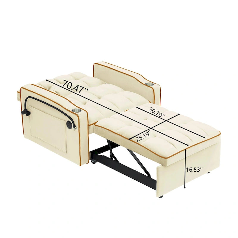 Canapé-lit pliable, canapé moderne en velours convertible, dossier réglable avec port USB, cendrier et support de téléphone pivotant