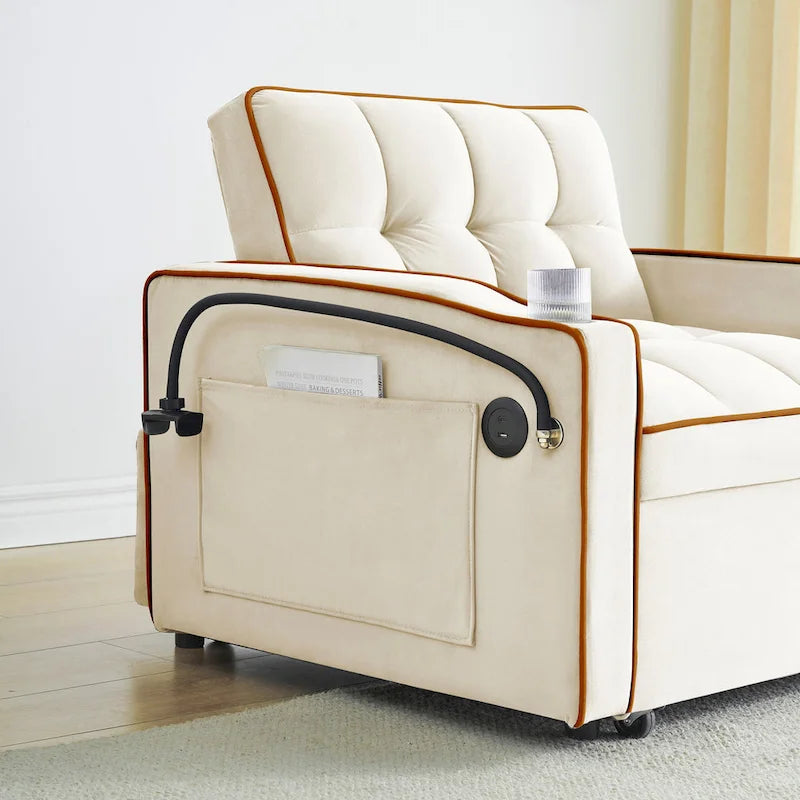 Canapé-lit pliable, canapé moderne en velours convertible, dossier réglable avec port USB, cendrier et support de téléphone pivotant