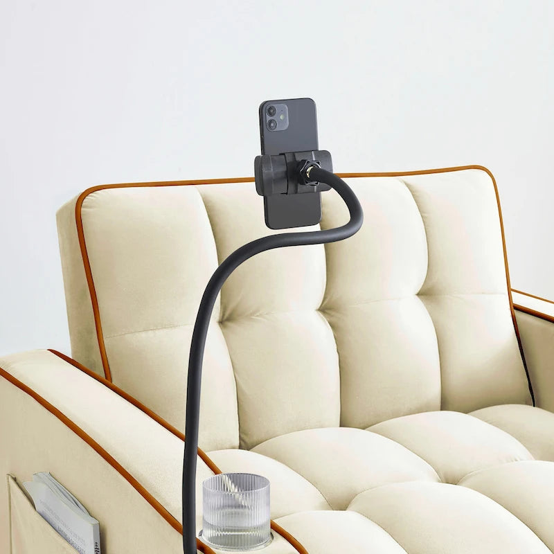 Canapé-lit pliable, canapé moderne en velours convertible, dossier réglable avec port USB, cendrier et support de téléphone pivotant