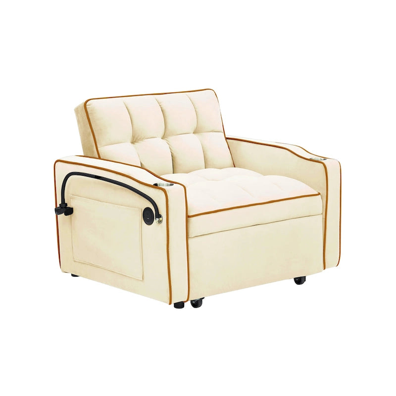 Canapé-lit pliable, canapé moderne en velours convertible, dossier réglable avec port USB, cendrier et support de téléphone pivotant