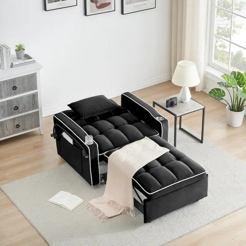 Canapé-lit pliable, canapé moderne en velours convertible, dossier réglable avec port USB, cendrier et support de téléphone pivotant