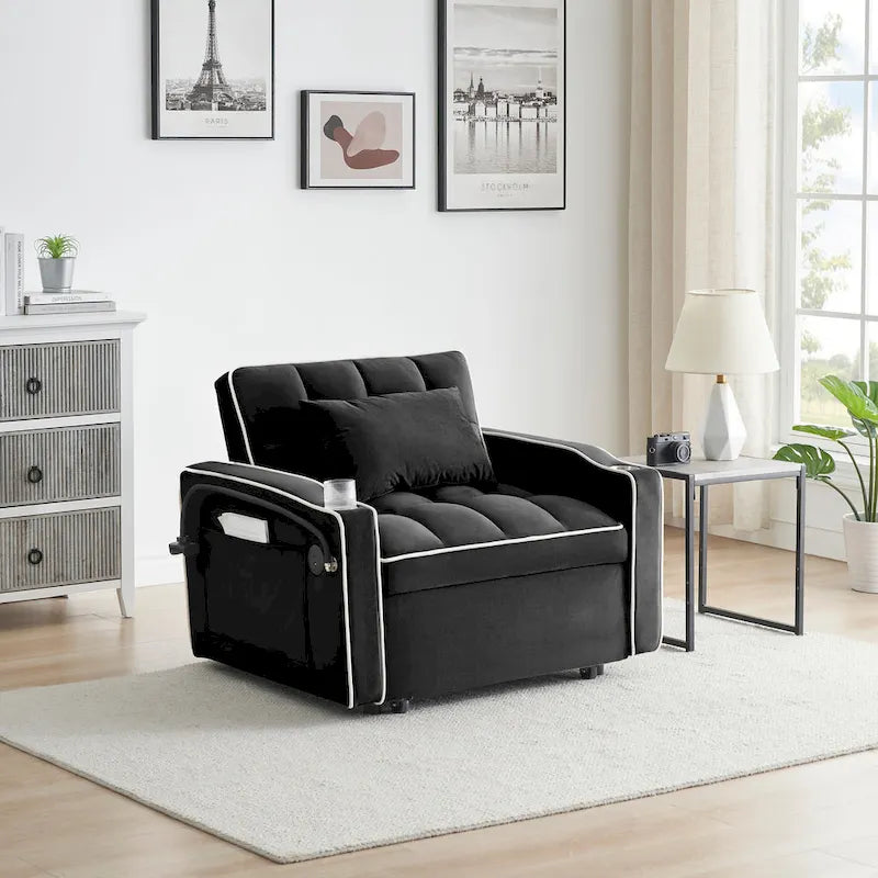 Canapé-lit pliable, canapé moderne en velours convertible, dossier réglable avec port USB, cendrier et support de téléphone pivotant