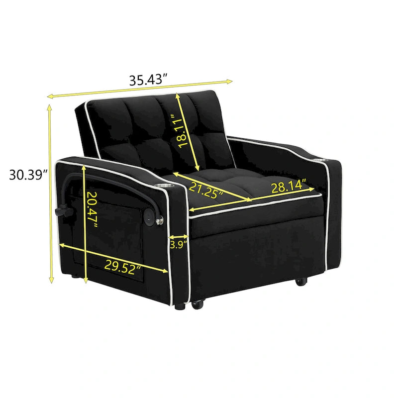 Canapé-lit pliable, canapé moderne en velours convertible, dossier réglable avec port USB, cendrier et support de téléphone pivotant
