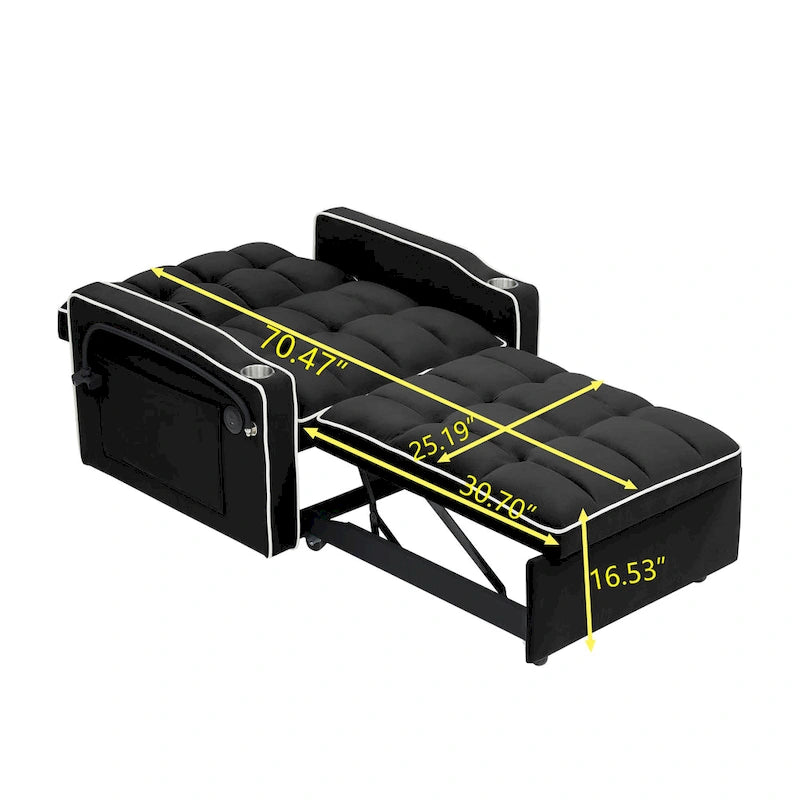 Canapé-lit pliable, canapé moderne en velours convertible, dossier réglable avec port USB, cendrier et support de téléphone pivotant