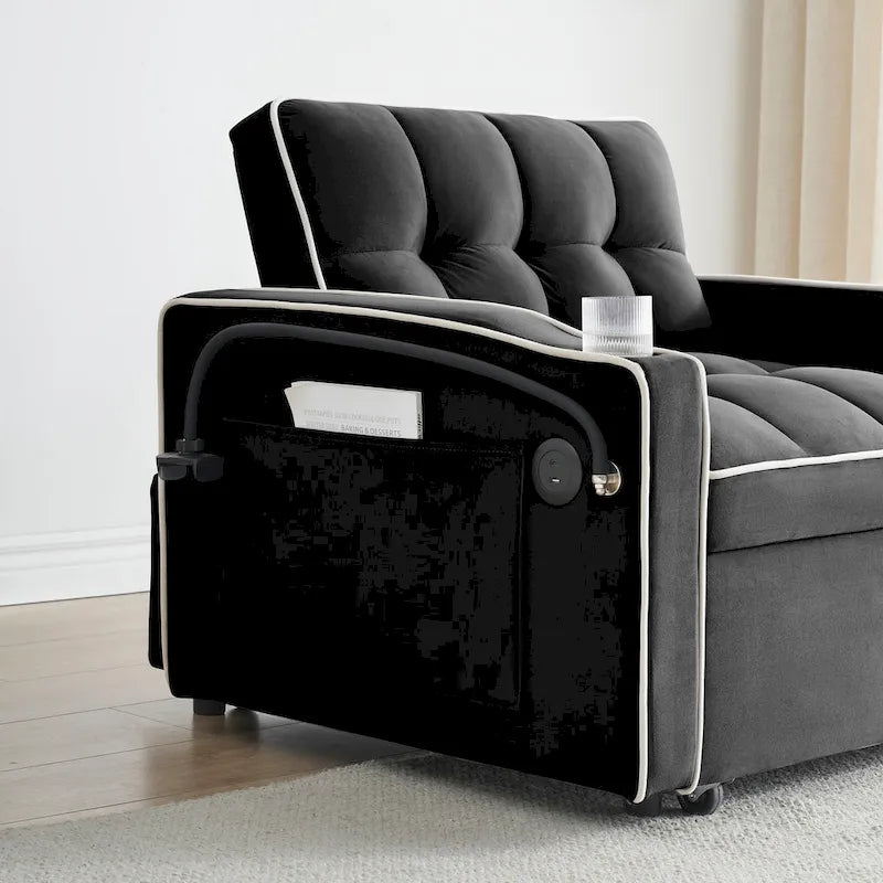 Canapé-lit pliable, canapé moderne en velours convertible, dossier réglable avec port USB, cendrier et support de téléphone pivotant