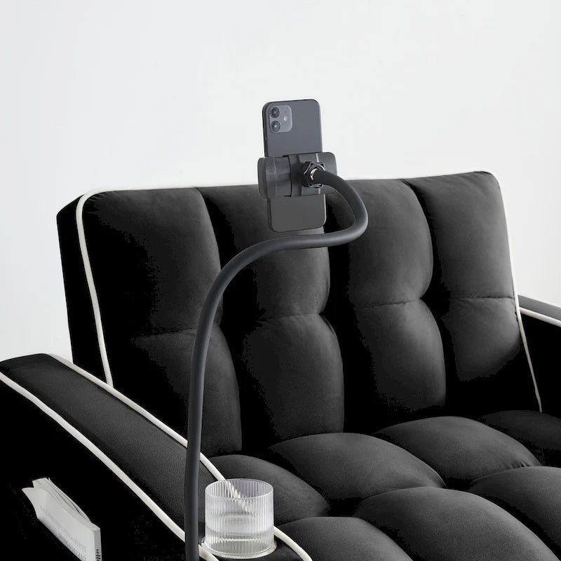 Canapé-lit pliable, canapé moderne en velours convertible, dossier réglable avec port USB, cendrier et support de téléphone pivotant