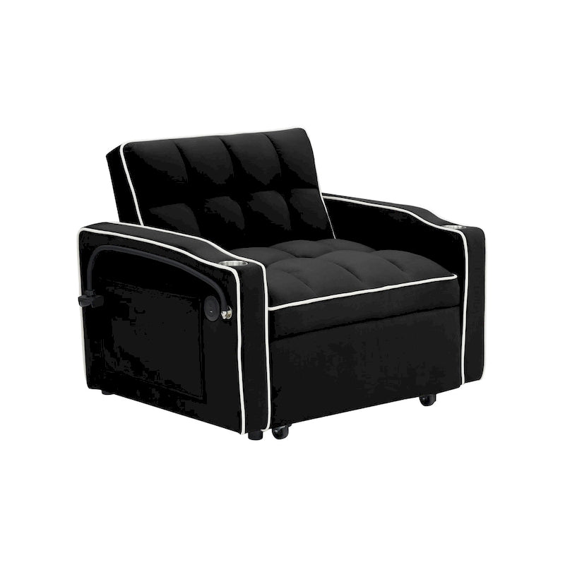 Canapé-lit pliable, canapé moderne en velours convertible, dossier réglable avec port USB, cendrier et support de téléphone pivotant