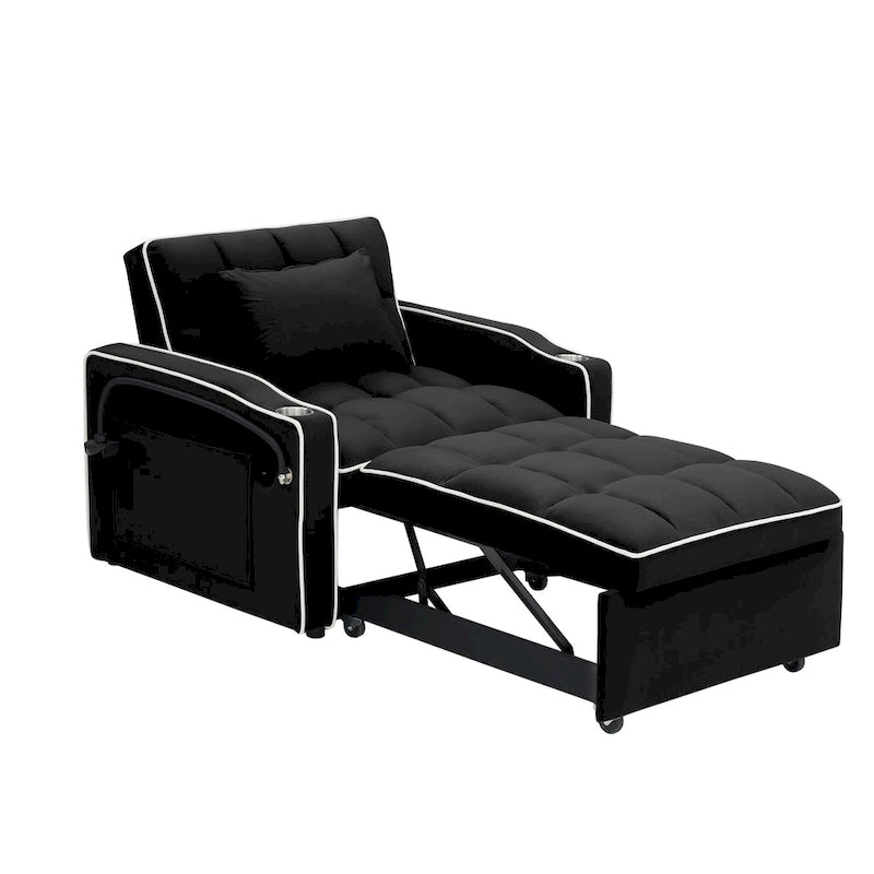 Canapé-lit pliable, canapé moderne en velours convertible, dossier réglable avec port USB, cendrier et support de téléphone pivotant