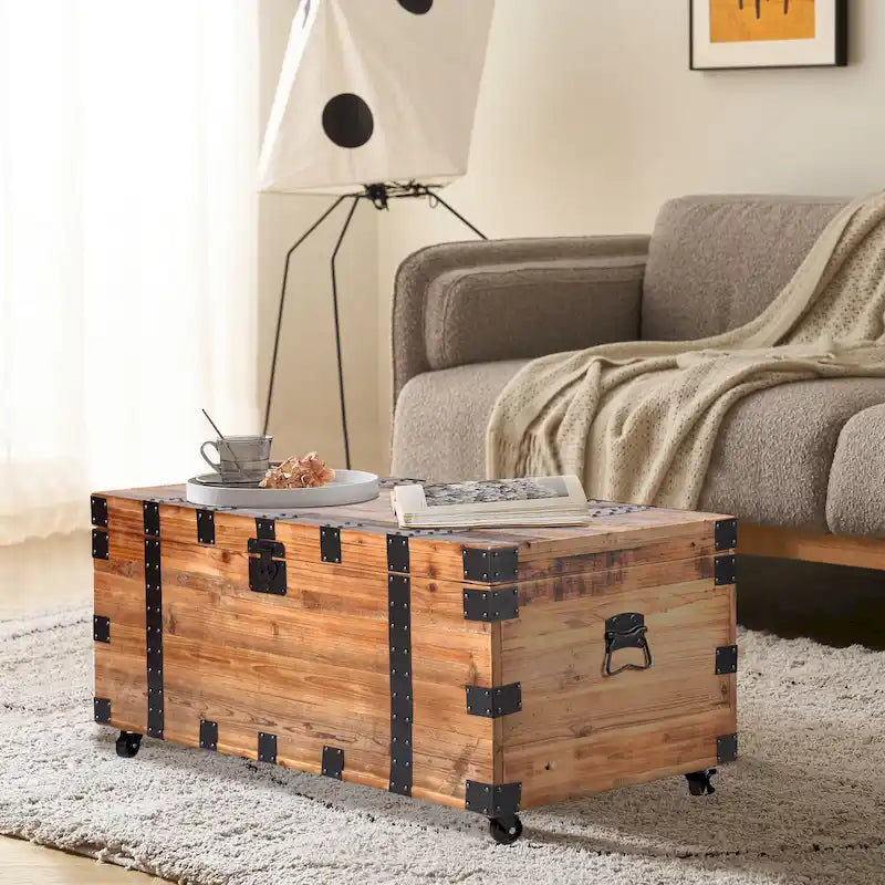 Table Basse Malle à Quatre Roues, Grande Capacité de Rangement, Bois Recyclé Naturel / Métal Noir