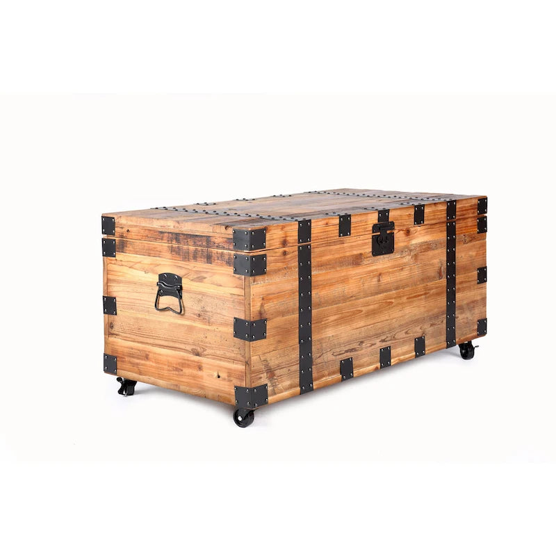 Table Basse Malle à Quatre Roues, Grande Capacité de Rangement, Bois Recyclé Naturel / Métal Noir