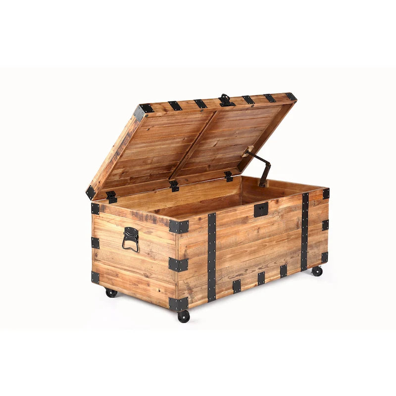 Table Basse Malle à Quatre Roues, Grande Capacité de Rangement, Bois Recyclé Naturel / Métal Noir