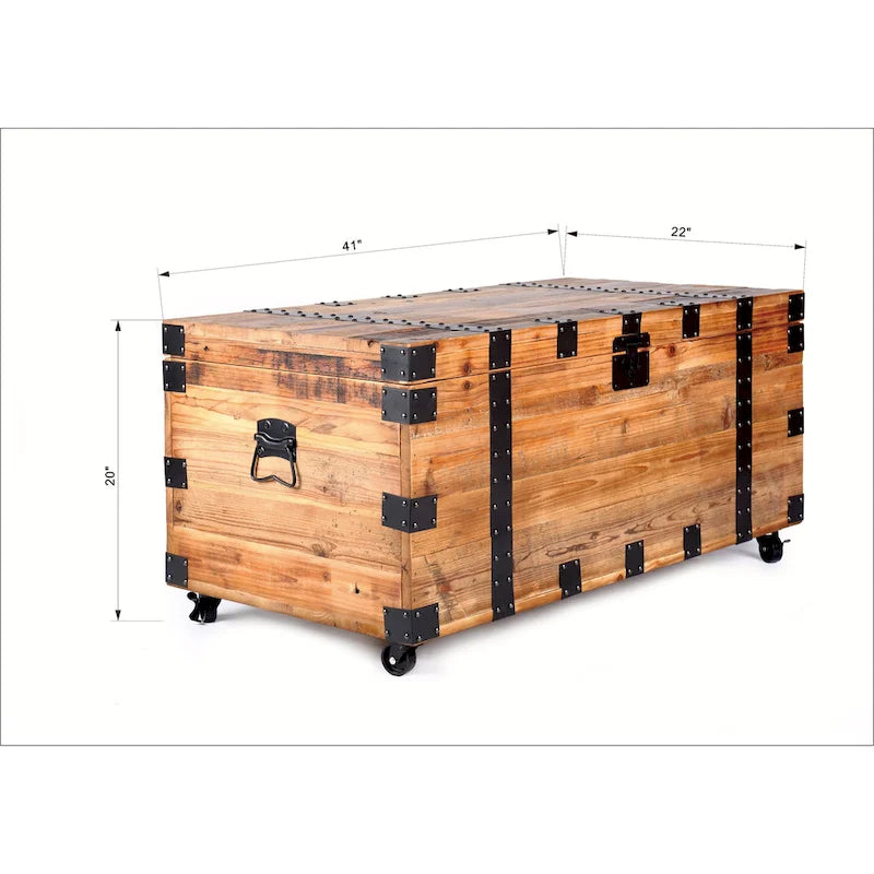 Table Basse Malle à Quatre Roues, Grande Capacité de Rangement, Bois Recyclé Naturel / Métal Noir