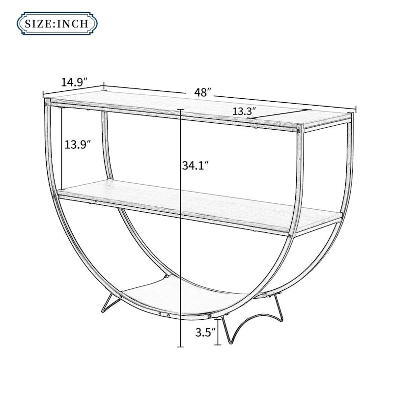 Console rustique en bois vieilli avec plateau demi-lune en métal texturé