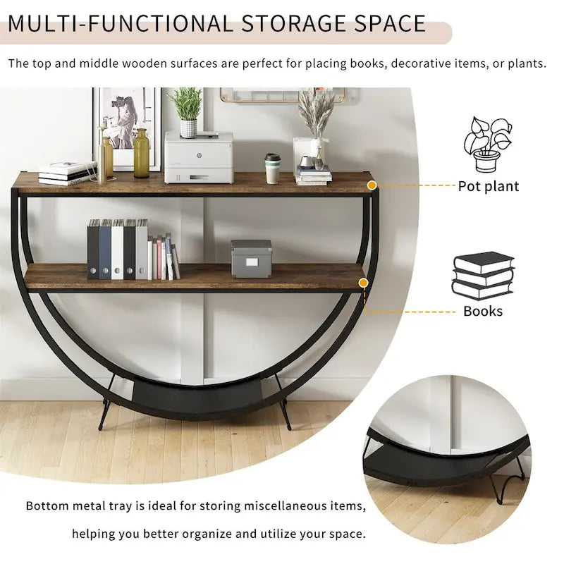 Console rustique en bois vieilli avec plateau demi-lune en métal texturé