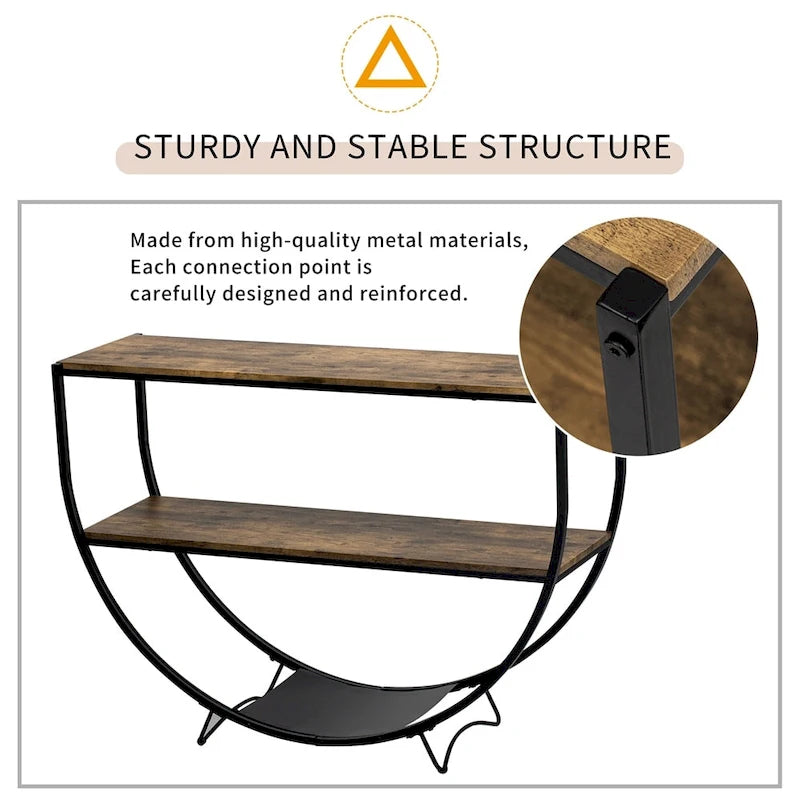 Console rustique en bois vieilli avec plateau demi-lune en métal texturé