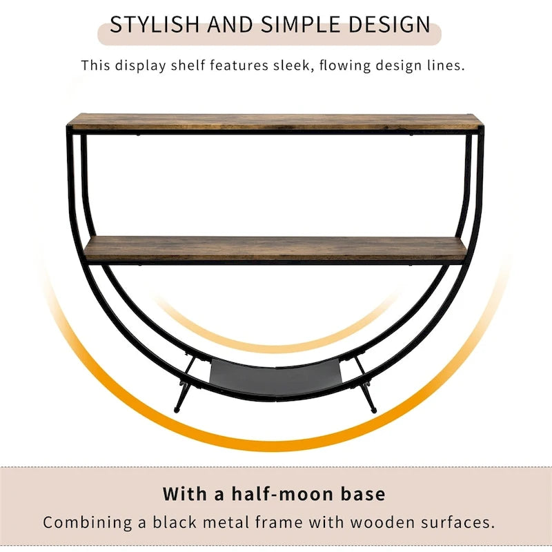 Console rustique en bois vieilli avec plateau demi-lune en métal texturé