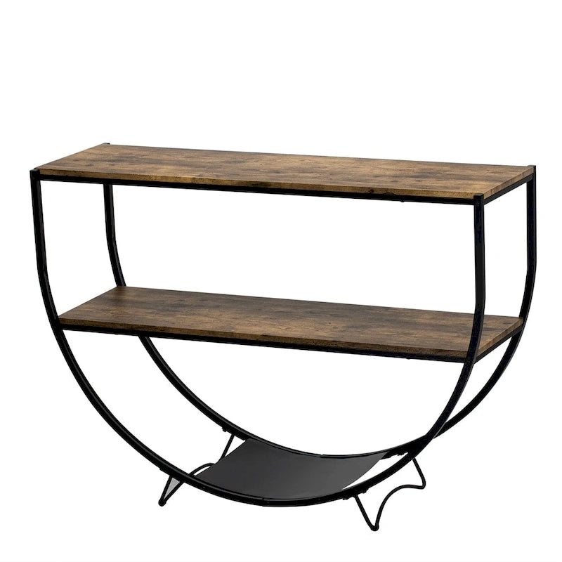 Console rustique en bois vieilli avec plateau demi-lune en métal texturé