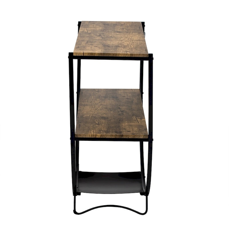 Console rustique en bois vieilli avec plateau demi-lune en métal texturé