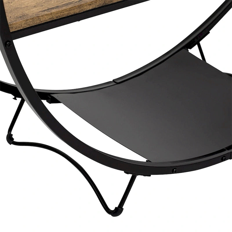 Console rustique en bois vieilli avec plateau demi-lune en métal texturé