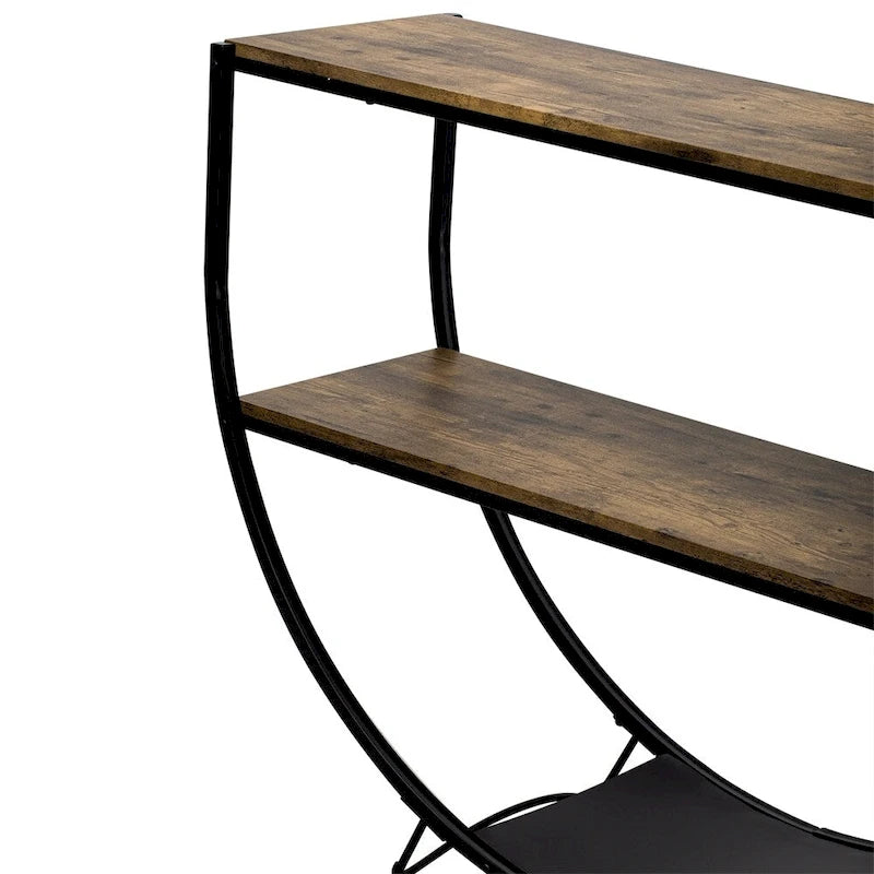Console rustique en bois vieilli avec plateau demi-lune en métal texturé