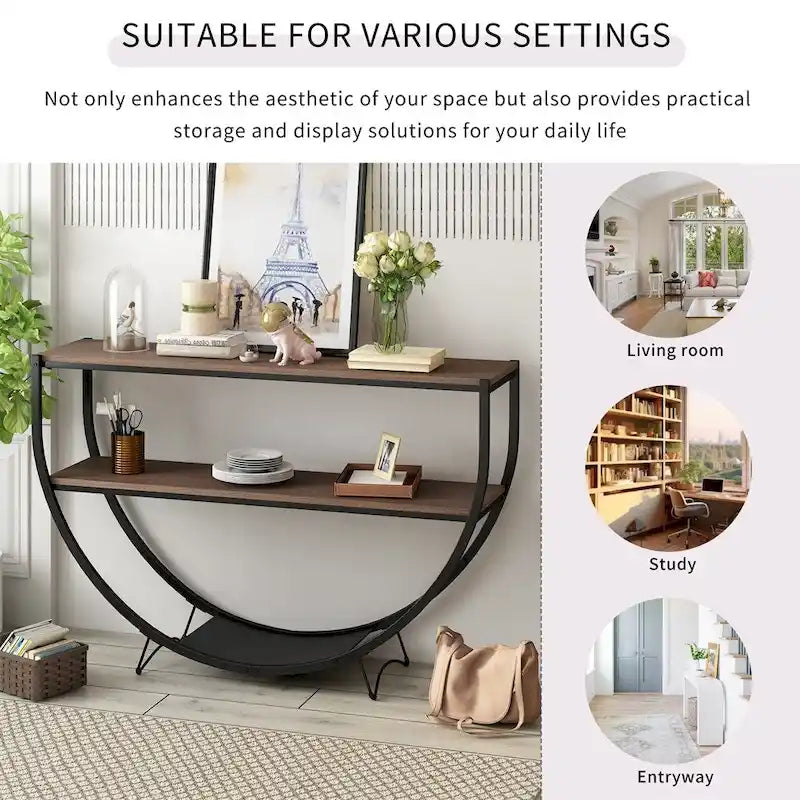 Console rustique en bois vieilli avec plateau demi-lune en métal texturé