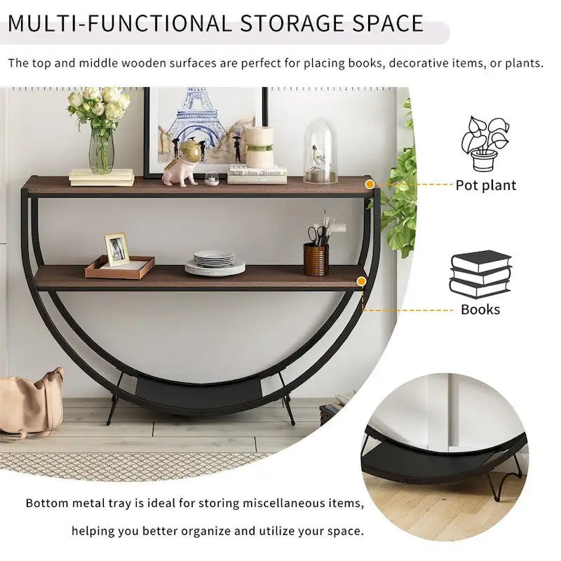Console rustique en bois vieilli avec plateau demi-lune en métal texturé