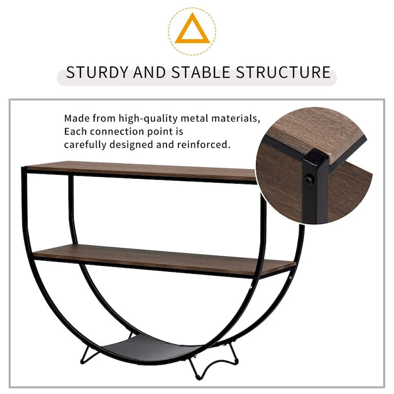 Console rustique en bois vieilli avec plateau demi-lune en métal texturé