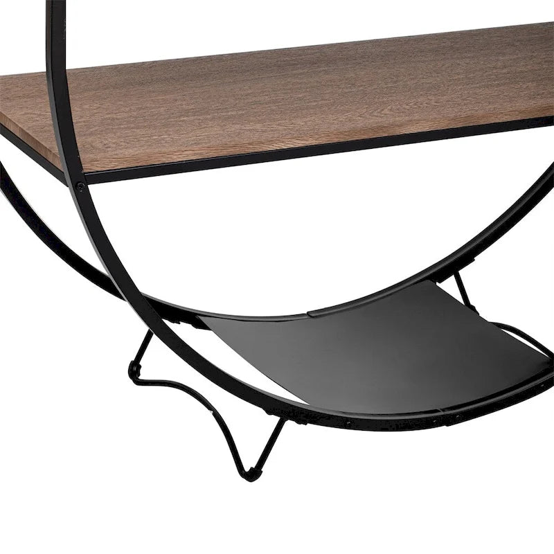 Console rustique en bois vieilli avec plateau demi-lune en métal texturé