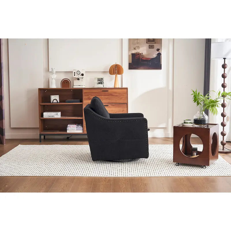 Fauteuil d'appoint moderne en lin avec base pivotante à 360° et clous décoratifs