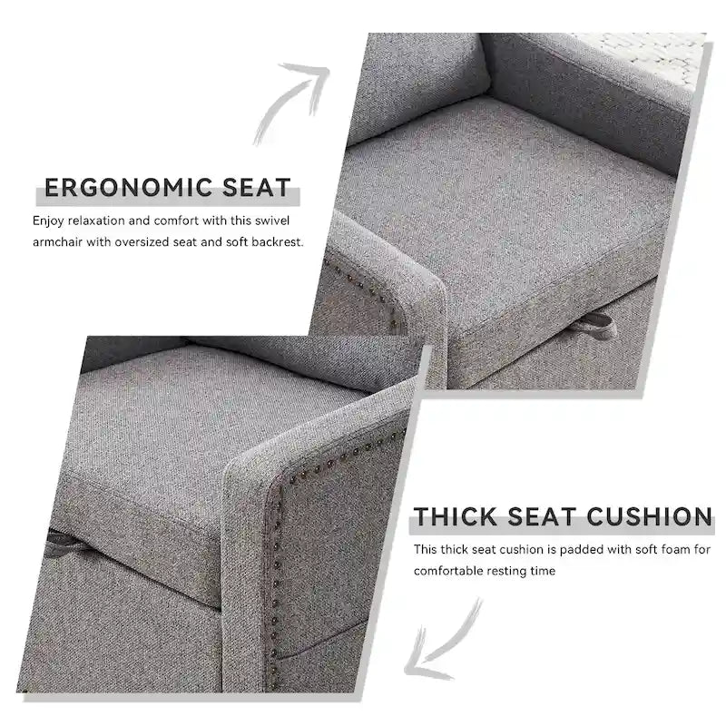 Fauteuil d'appoint moderne en lin avec base pivotante à 360° et clous décoratifs