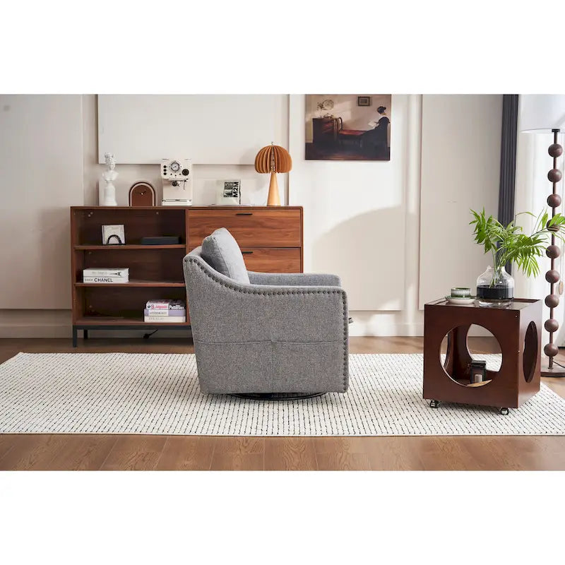 Fauteuil d'appoint moderne en lin avec base pivotante à 360° et clous décoratifs