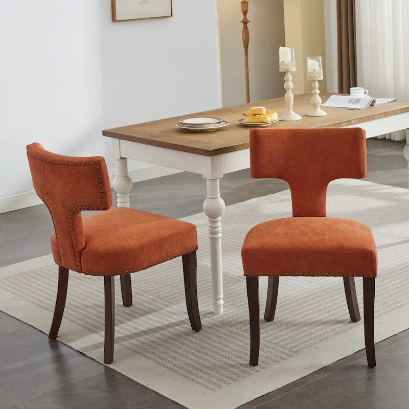 Chaises de salle à manger modernes, chaise d'appoint rembourrée en tissu de lin avec dossier incurvé, chaises de cuisine avec cadre en bois d'hévéa
