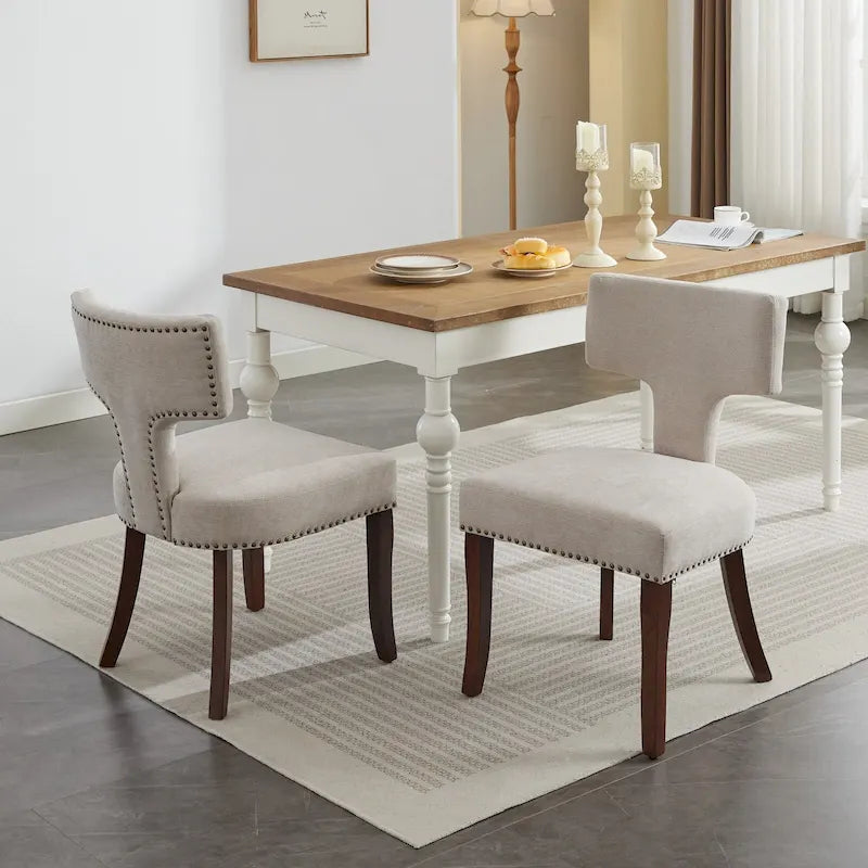 Chaises de salle à manger modernes, chaise d'appoint rembourrée en tissu de lin avec dossier incurvé, chaises de cuisine avec cadre en bois d'hévéa