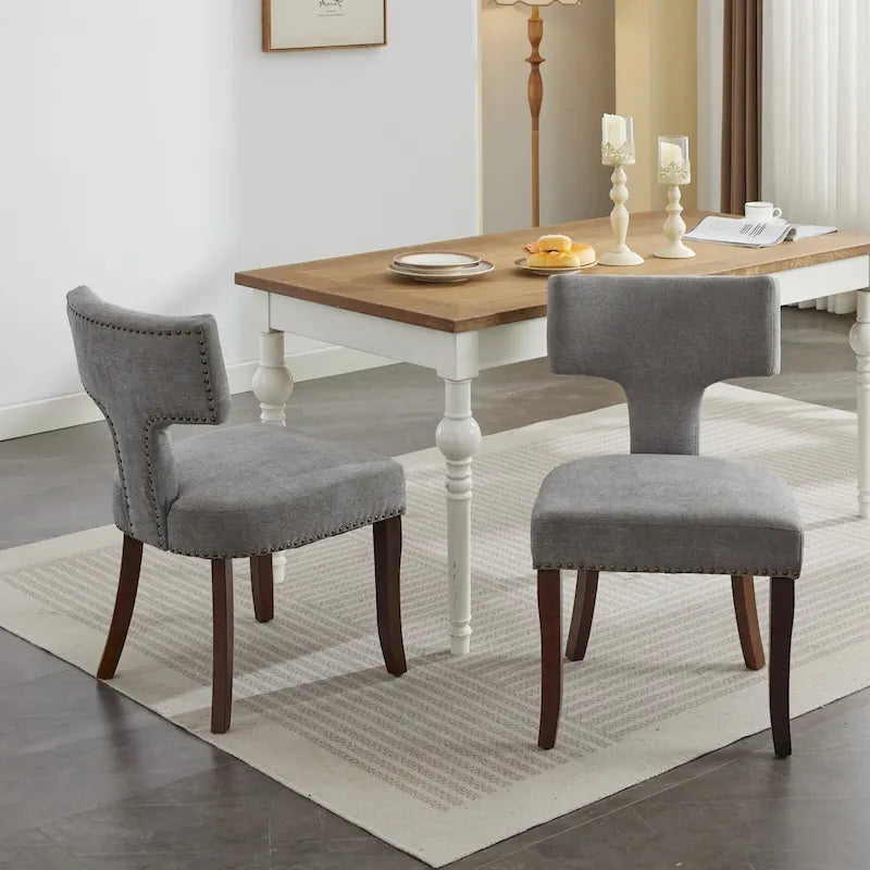 Chaises de salle à manger modernes, chaise d'appoint rembourrée en tissu de lin avec dossier incurvé, chaises de cuisine avec cadre en bois d'hévéa