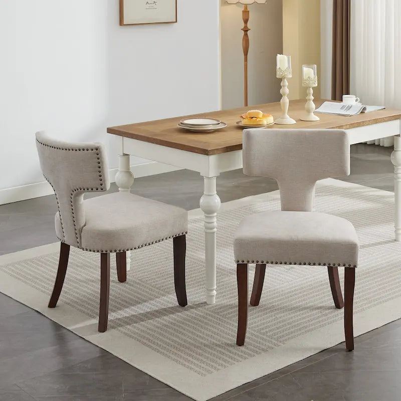 Chaises de salle à manger modernes, chaise d'appoint rembourrée en tissu de lin avec dossier incurvé, chaises de cuisine avec cadre en bois d'hévéa
