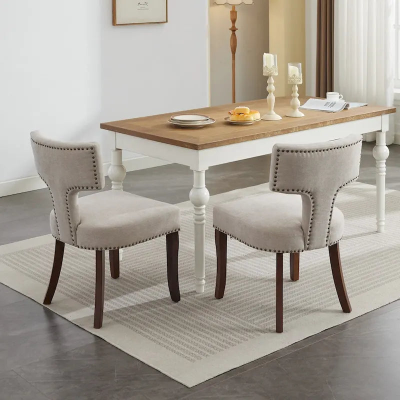 Chaises de salle à manger modernes, chaise d'appoint rembourrée en tissu de lin avec dossier incurvé, chaises de cuisine avec cadre en bois d'hévéa