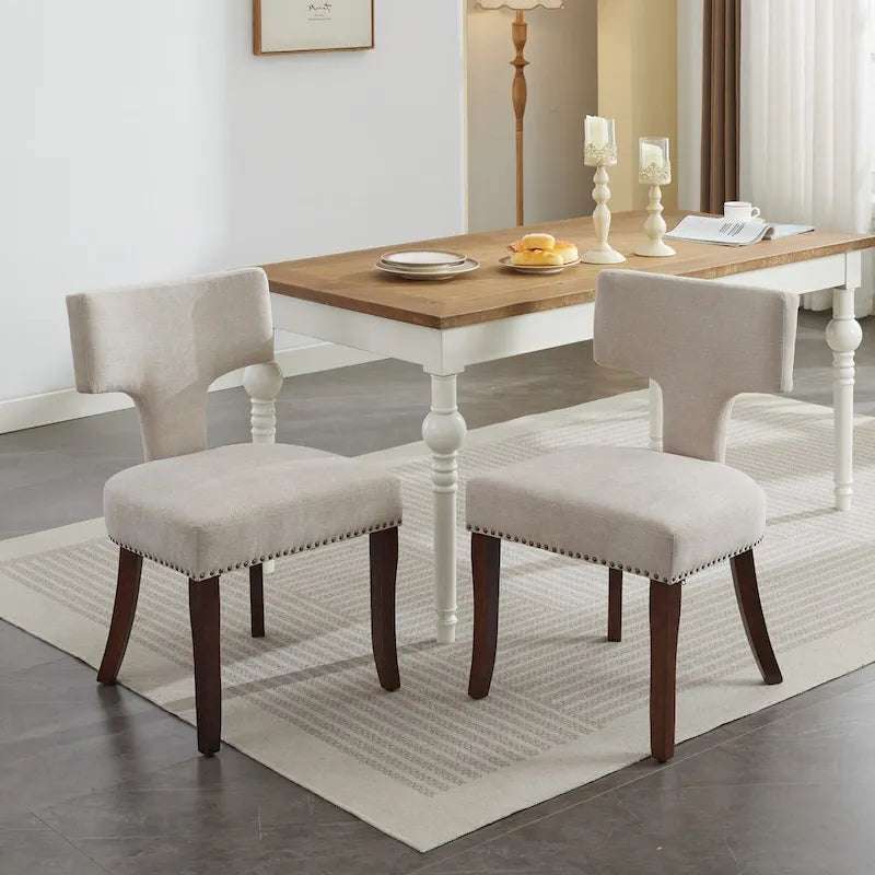 Chaises de salle à manger modernes, chaise d'appoint rembourrée en tissu de lin avec dossier incurvé, chaises de cuisine avec cadre en bois d'hévéa