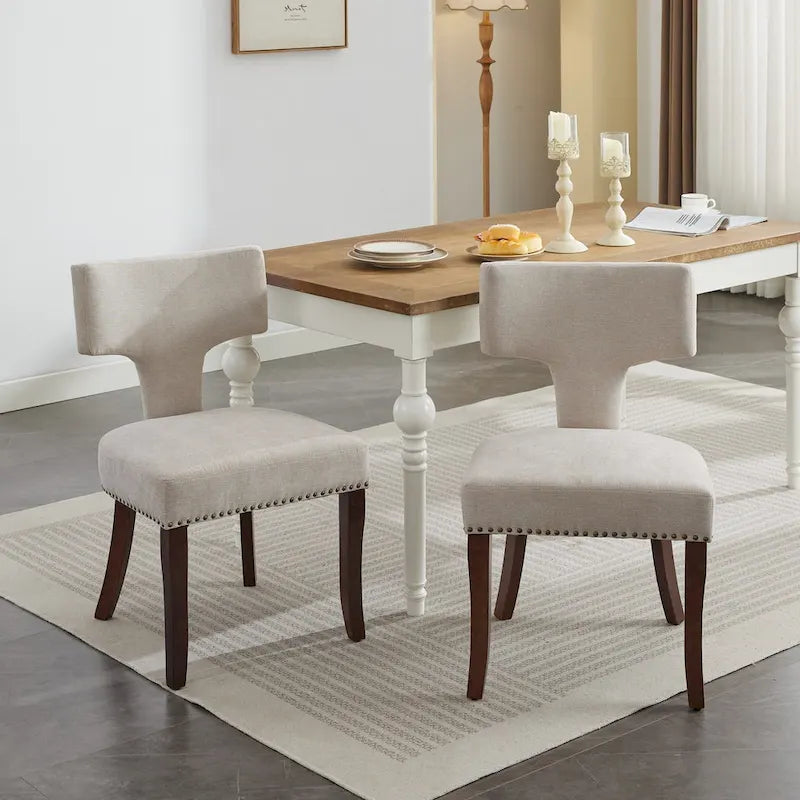 Chaises de salle à manger modernes, chaise d'appoint rembourrée en tissu de lin avec dossier incurvé, chaises de cuisine avec cadre en bois d'hévéa