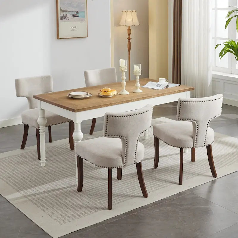 Chaises de salle à manger modernes, chaise d'appoint rembourrée en tissu de lin avec dossier incurvé, chaises de cuisine avec cadre en bois d'hévéa