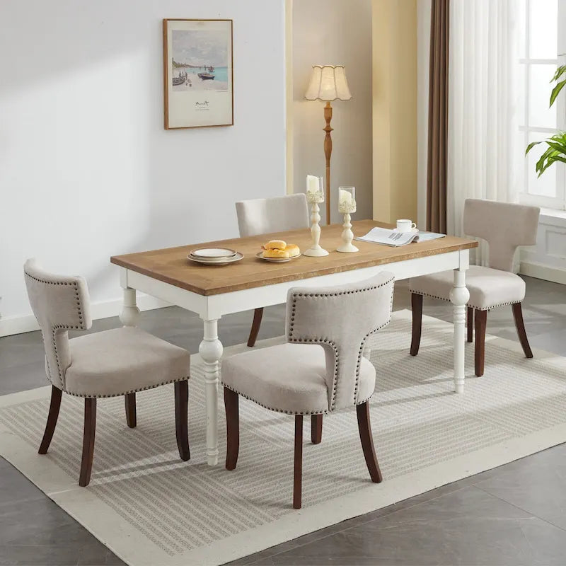 Chaises de salle à manger modernes, chaise d'appoint rembourrée en tissu de lin avec dossier incurvé, chaises de cuisine avec cadre en bois d'hévéa