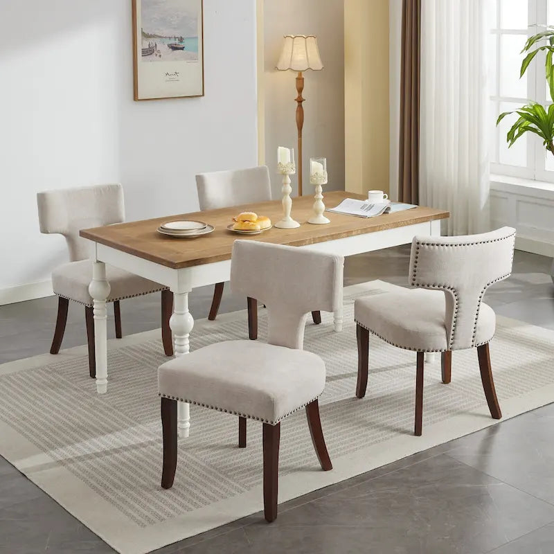 Chaises de salle à manger modernes, chaise d'appoint rembourrée en tissu de lin avec dossier incurvé, chaises de cuisine avec cadre en bois d'hévéa