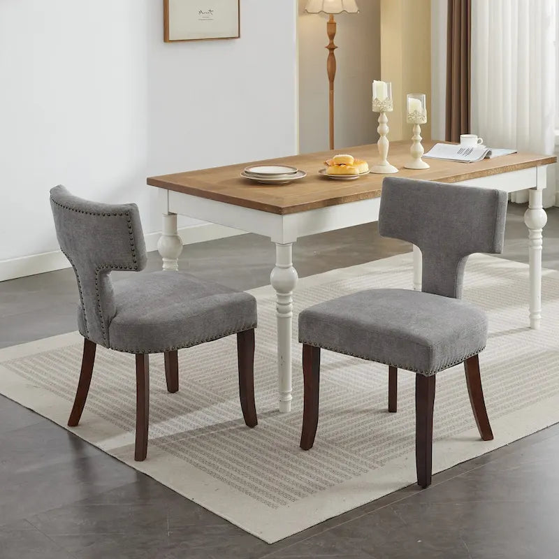 Chaises de salle à manger modernes, chaise d'appoint rembourrée en tissu de lin avec dossier incurvé, chaises de cuisine avec cadre en bois d'hévéa