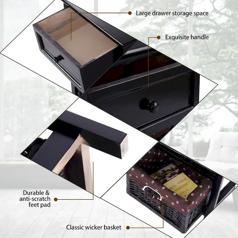 Table de Chevet Noire 3 Niveaux 1 Tiroir Rangement d'Appoint