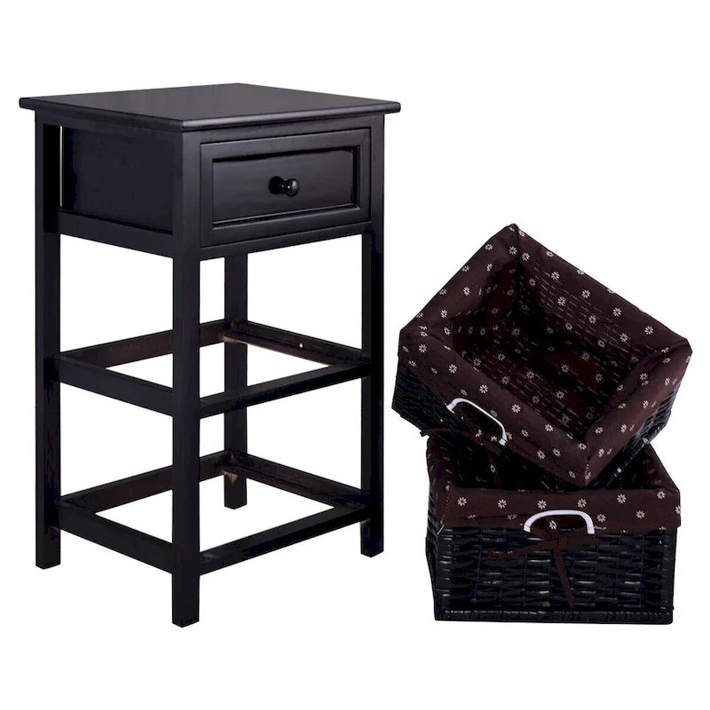 Table de Chevet Noire 3 Niveaux 1 Tiroir Rangement d'Appoint