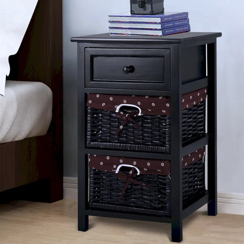 Table de Chevet Noire 3 Niveaux 1 Tiroir Rangement d'Appoint