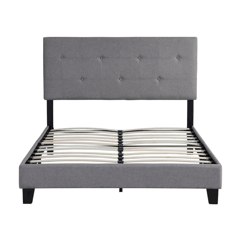 Lit plate-forme double en lin gris avec tête de lit capitonnée à points, support solide en lattes de bois, aucun sommier tapissier requis